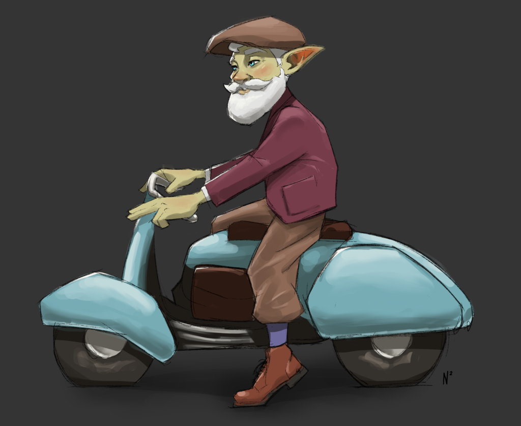 a bearded goblin in english gentleman's clothing on a blue vespa